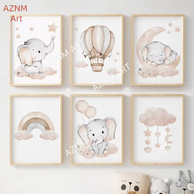 Baby Nursery Art - Elephant Balloon Rainbow Moon Stars Cloud