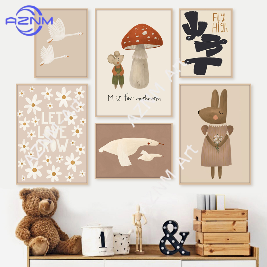 Baby Nursery Art - Boho Cartoon Rabbit Mouse Goose Posters