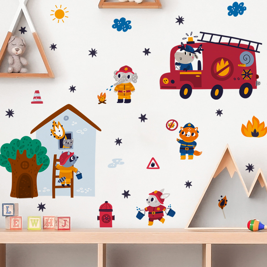 Baby Nursery Themes Boy - Cartoon Animal Firefighter Rescue Theme Wall