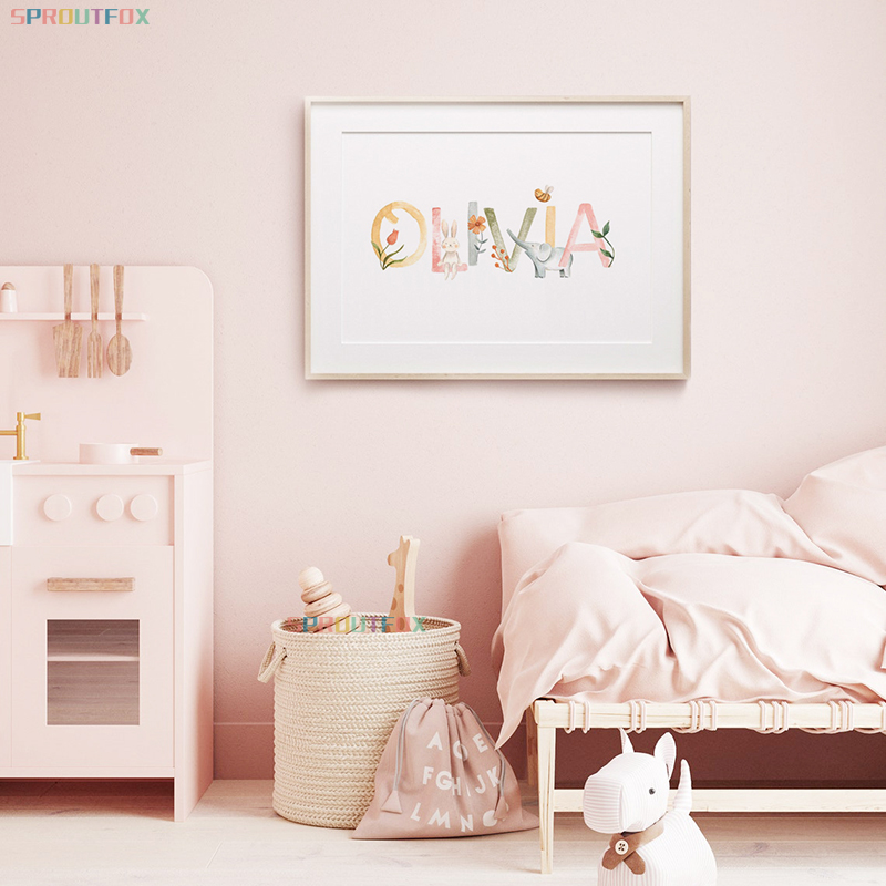 Baby Nursery Elephant - Nursery Canvas Painting Name Custom Poster