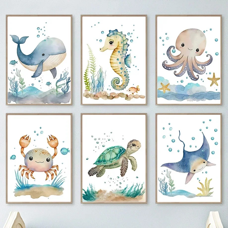Baby Nursery Art - Cute Whale Sea Horse Octopus Crab