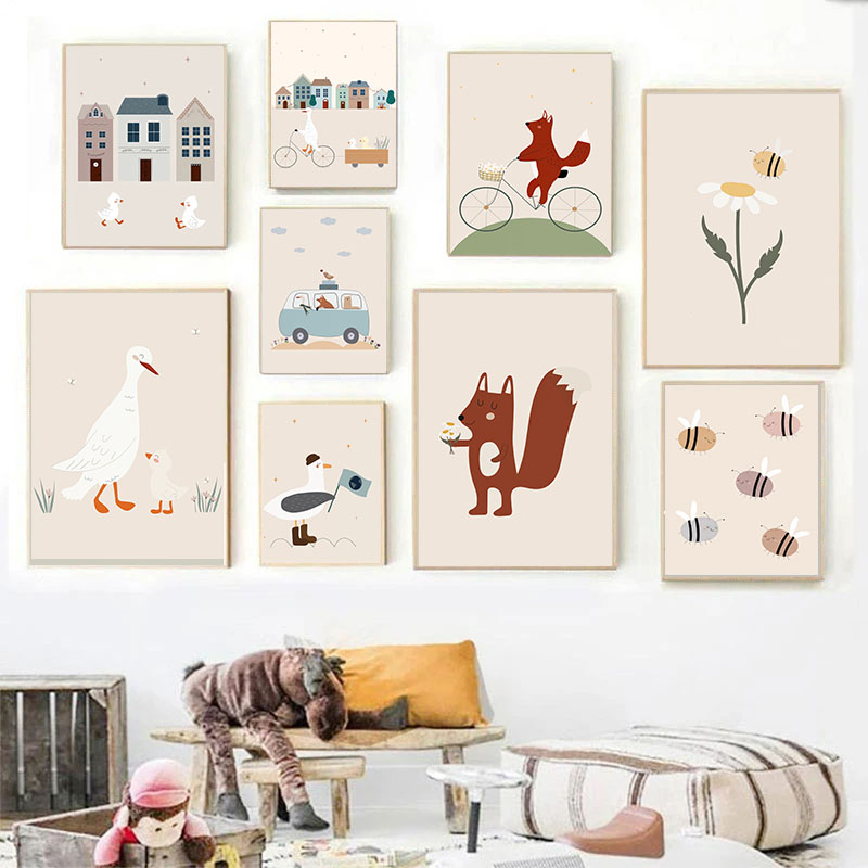 Baby Nursery Art - Funny Cartoon Duck Squirrel Bee Animal