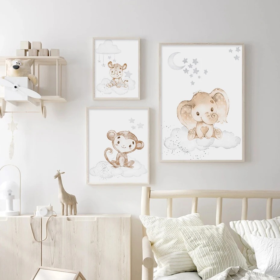 Baby Nursery Elephant - Cartoon Lion Elephant African Animals Clouds