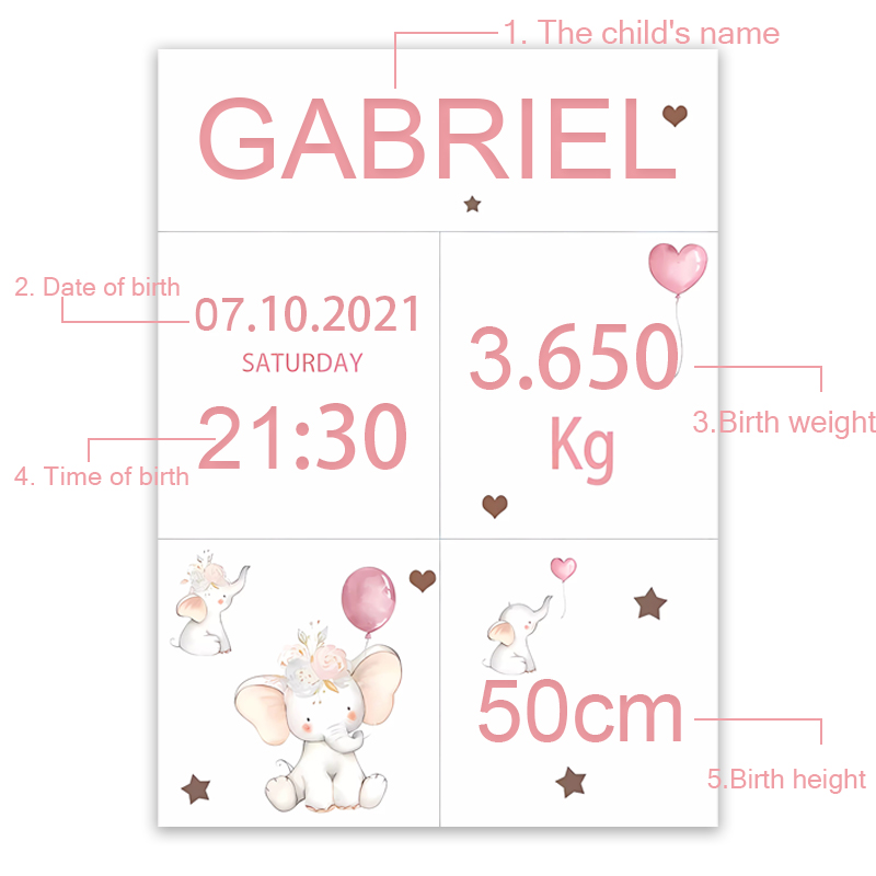 Pink Baby Customized Name Date – обзор и цена Baby Nursery Elephant