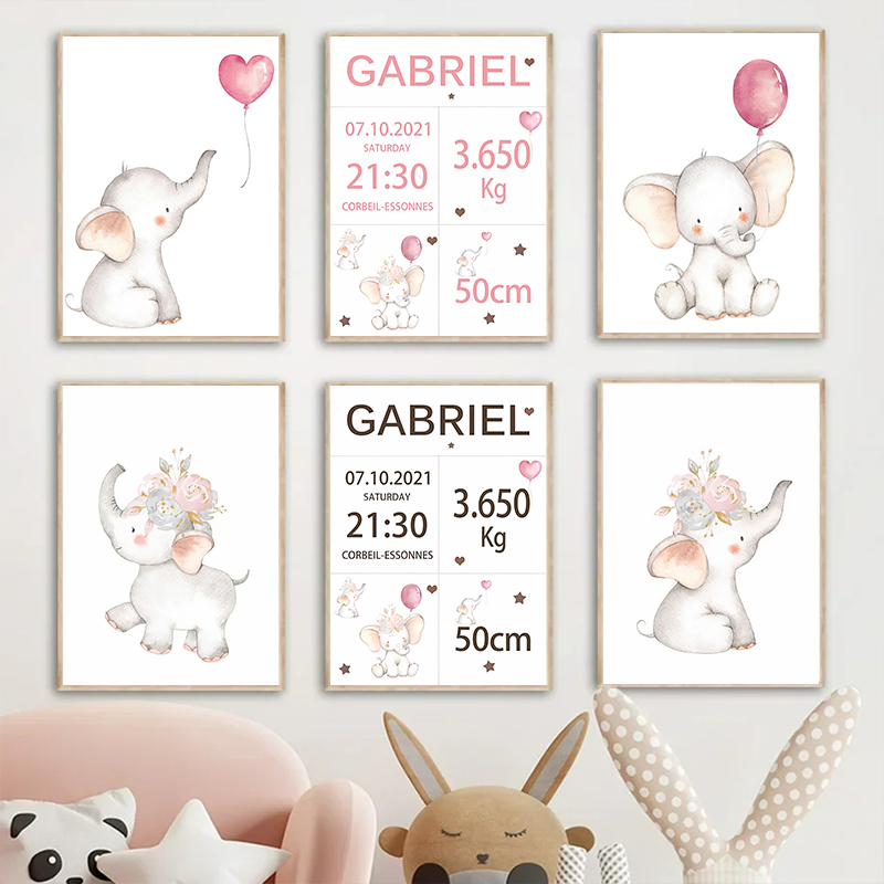 Pink Baby Customized Name Date – обзор и цена Baby Nursery Elephant