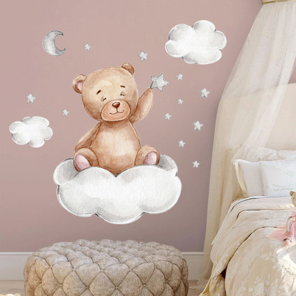 Bear Moon Clouds Stars Wall St – обзор и цена Baby Nursery Mural Wallpaper