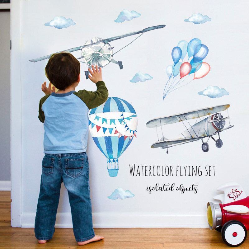Watercolor Airplane Hot Air Ba – обзор и цена Baby Nursery Mural Wallpaper