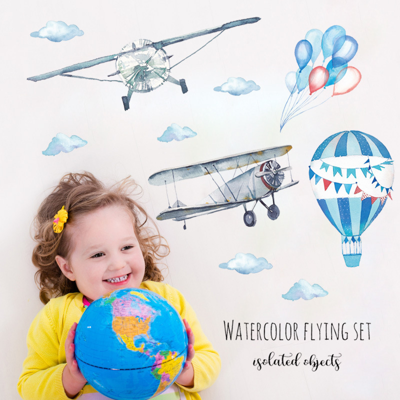 Watercolor Airplane Hot Air Ba – обзор и цена Baby Nursery Mural Wallpaper