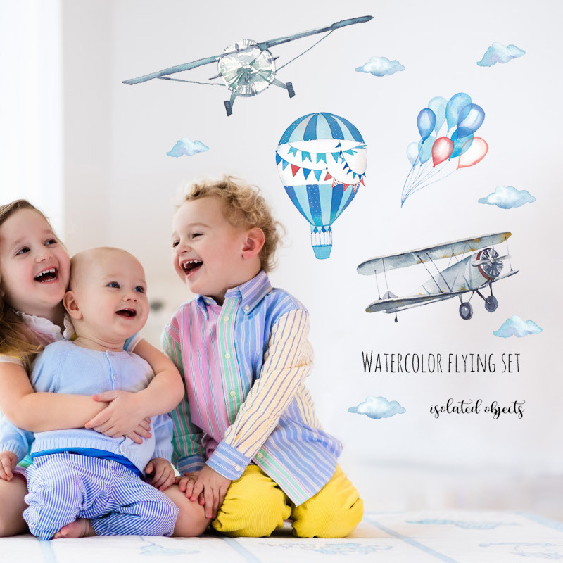 Watercolor Airplane Hot Air Ba – обзор и цена Baby Nursery Mural Wallpaper